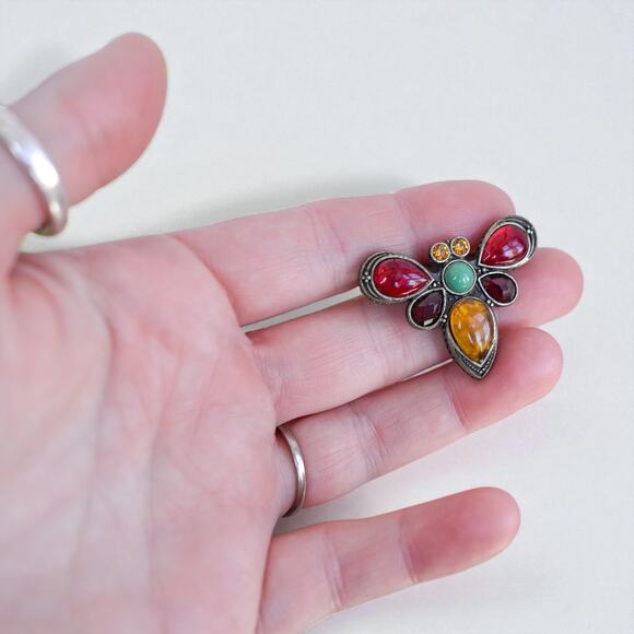Liz Claiborne Dragonfly Bee Insect Brooch Red Plum Amber Green Cabochon Designer - Picture 3 of 4